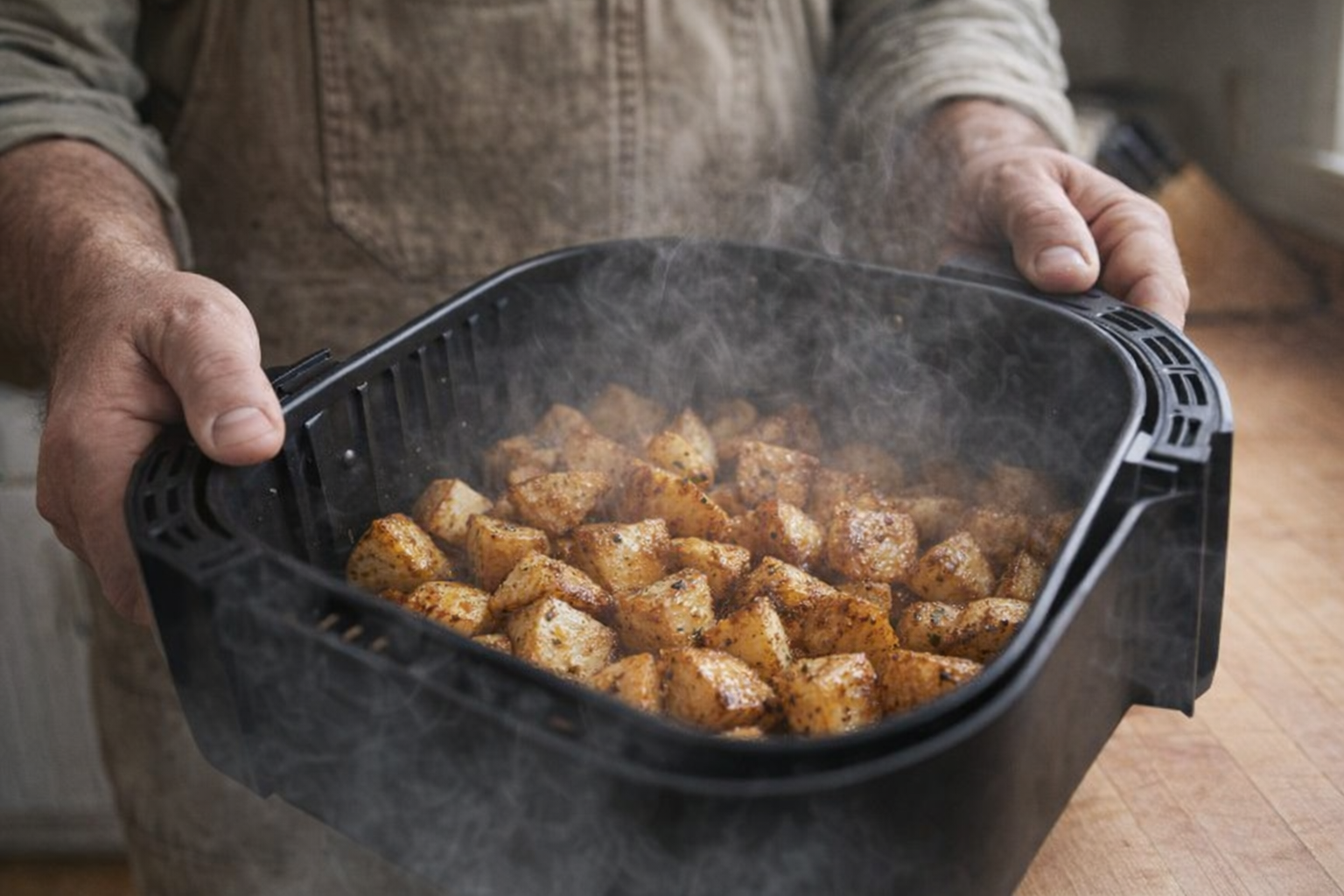 An action shot of an air fryer basket being shaken during the cooking process, showing the golden brown potatoes inside with steam rising